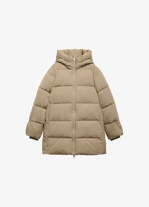 Puhasta jakna v bež barvi, izdelana iz prešite tkanine. Opremljena s kapuco, dolgimi rokavi in sprednjim zadrgo. Mehka textura z modernim in kvadratnim krojem.