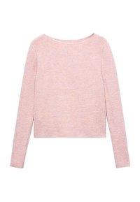 Pull en tricot rose clair à manches longues avec une texture côtelée et un col rond. Design court avec des manches ajustées. Pas de métal visible.