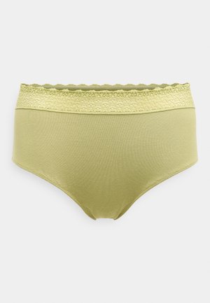 Højtaljede trusser i lysegrønt bomuld med en fin blondekant i taljen. Glat tekstur med et enkelt, klassisk design.