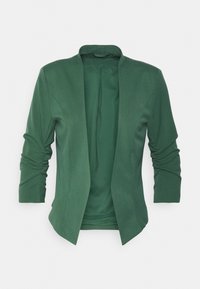 Zelený blejzr vyrobený z hladké látky, s klopovým límečkem, otevřeným předním dílem a 3/4 rukávy se sklady. Žádné viditelné zapínání.