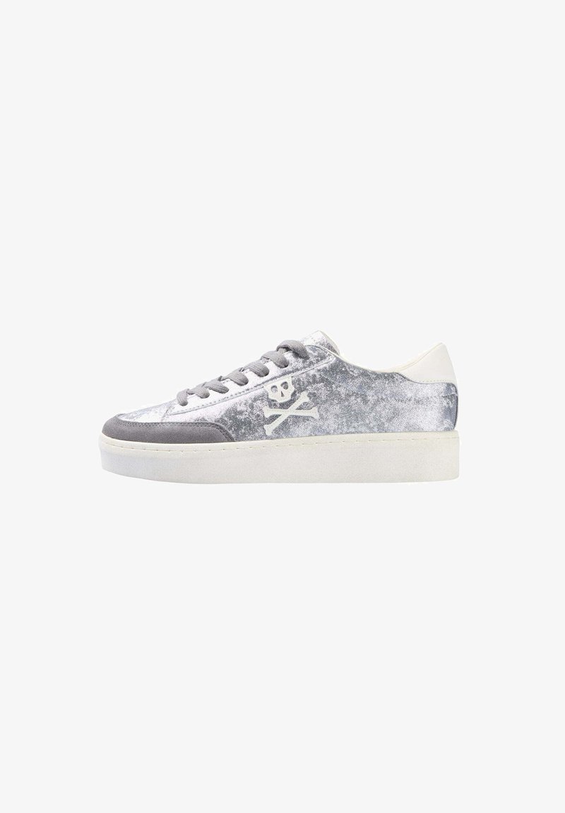 Gray suede sneaker with textured upper, white rubber sole, and skull-and-crossbones logo on the side. Lace-up design and rounded toe.