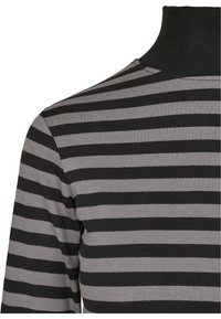 Sort og gråstribet langærmet top med en høj, tætsiddende hals. Stoffet er glat med en let stræk. Vandrette striber varierer i bredde.