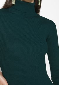 Haut col roulé côtelé vert foncé avec une coupe ajustée. Il présente des manches longues et une texture lisse, complétant la silhouette élégante.