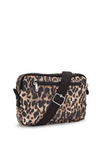 Borsa a tracolla in tessuto con stampa leopardata, dotata di zip superiore, tracolla regolabile marrone e tasca con zip frontale.
