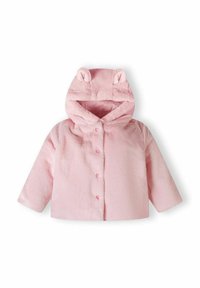 Rosa, flauschige Jacke mit Kapuze und Bärenohren; Knopfverschluss; lange Ärmel; weicher Stoff und cropped Design.