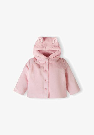 Roze, flonkerige jas met capuchon en berenoren; knoopsluiting; lange mouwen; zachte textuur en cropped ontwerp.