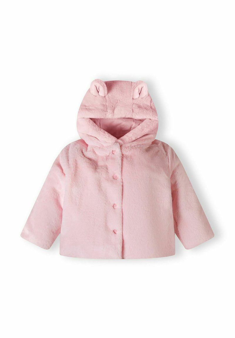 Rosa, flauschige Jacke mit Kapuze und Bärenohren; Knopfverschluss; lange Ärmel; weicher Stoff und cropped Design.