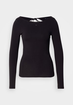 T-shirt noir à manches longues avec un col rond et un détail noué à l'arrière. Fabriqué à partir d'un matériau lisse et extensible avec une silhouette ajustée.