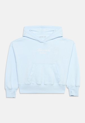 Hele sinine laste kapuutsiga dressipluus esiküljel taskuga, varrukaotstes pöidlaaugud ja rinnal tikitud "Abercrombie & Fitch" logo.