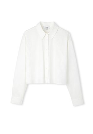 Chemise blanche courte avec un devant à boutons, des manches longues et un motif texturé. Elle possède un col classique et une coupe structurée.