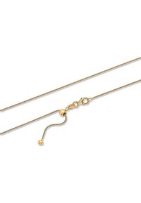 Collana sottile in oro placcato con design intrecciato, dotata di chiusura a gancio e di un accento decorativo a forma di pallina vicino alla chiusura.