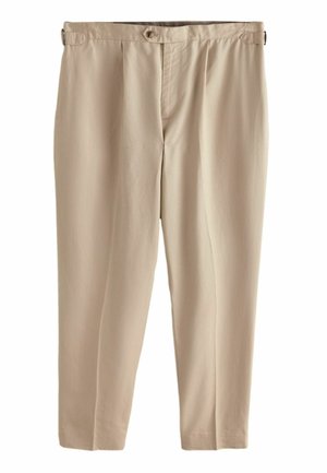Beige trousers with a straight fit, featuring a button closure, pleats at the front, and slightly tapered legs. Smooth fabric texture.