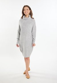 Graues Strickkleid mit hohem Schalkragen, langen Ärmeln und lockerer Passform, versehen mit einer dezenten Textur und knielanger Länge.