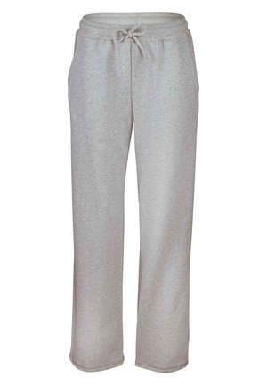 Pantaloni della tuta grigi con vita elastica e cordoncino, caratterizzati da una vestibilità ampia e un tessuto morbido e strutturato. Nessuna tasca visibile.