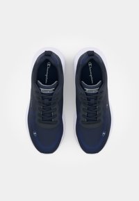 Navy blue athletic shoes with a smooth fabric upper, white sole, prominent lacing system, and logo accents on the tongue and side.