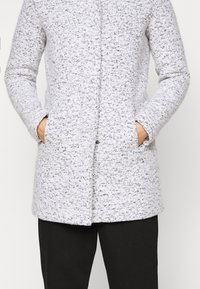 Cappotto grigio chiaro con motivo screziato, tasche laterali e taglio dritto, con chiusura a bottoni sul collo.