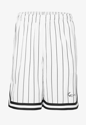 Weiße Basketballshorts mit schwarzen senkrechten Streifen, elastichem Bund und schwarzem Saum. Mit einem aufgedruckten Logo an der Seite.