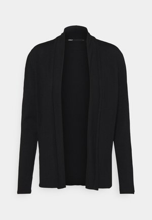 Schwarzer Cardigan mit offenem Vorderteil, langen Ärmeln, leichtem Strickgewebe und ohne sichtbare Knöpfe oder Verschlüsse auf einfarbigem Hintergrund.