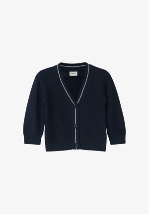 Cardigan in maglia blu navy con scollo a V, chiusura con bottoni e dettagli a righe bianche lungo il collo. Presenta maniche lunghe e polsini a costine.