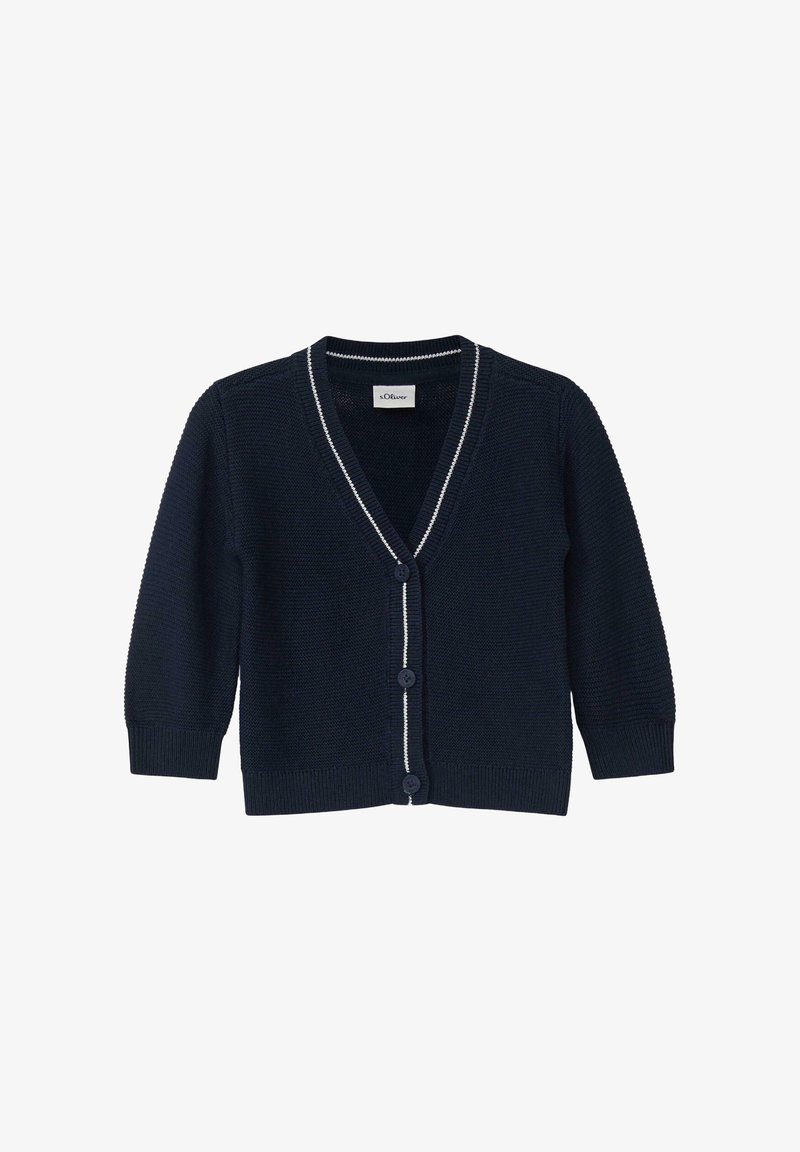 Cardigan en tricot bleu marine avec un col en V, une fermeture à boutons et des accents rayés blancs le long du col. Comprend des manches longues et des poignets côtelés.