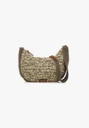 Pequeño bolso de hombro tejido en tonos beige y marrón con una correa gruesa y un tirador de cremallera con acentos de cuero, etiquetado "mtng." en la parte inferior frontal.