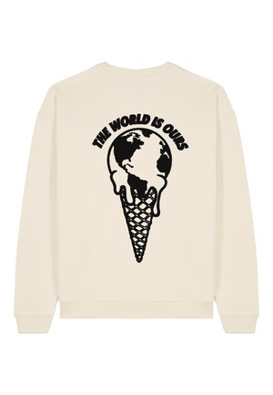 Sweatshirt crème avec un graphique noir d'un globe fondant sur un cône, accompagné du texte "LE MONDE EST À NOUS" en arc au-dessus.