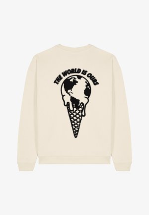 Kremo spalvos sweatshirt su juodu grafinu, vaizduojančiu tirpstantį gaublį ant kūgio, viršuje yra tekstas "MŪSŲ PASAULIS" arkos pavidalu.