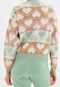 Person klädd i en pastellfärgad tröja med vita hjärtmönster i rader av grönt, rosa och beige, tillsammans med mintgröna byxor, sedd bakifrån.