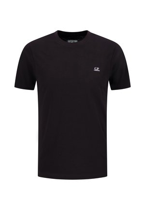 T-shirt nera a maniche corte con scollo tondo e piccolo logo bianco "C.P. Company" sulla parte sinistra del petto.