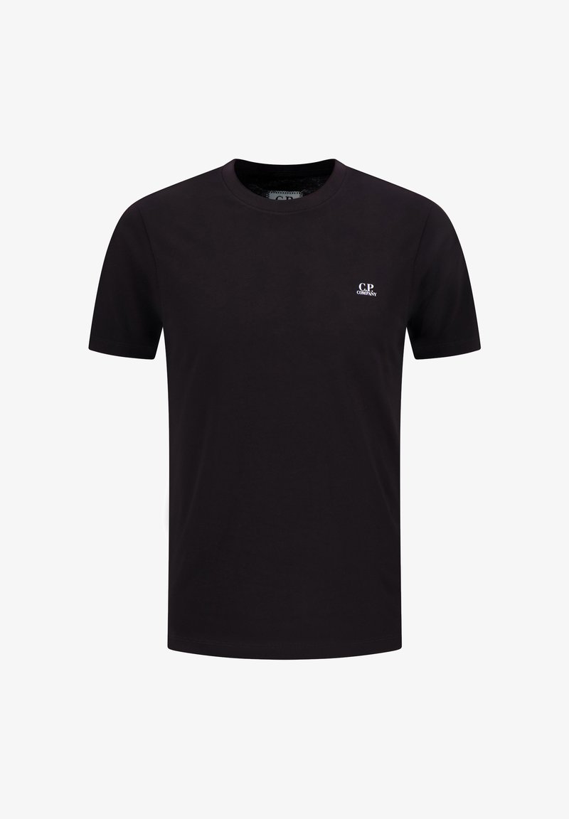 T-shirt nera a maniche corte con scollo tondo e piccolo logo bianco "C.P. Company" sulla parte sinistra del petto.