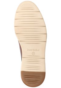 Semelle de chaussure en cuir marron avec une semelle extérieure en caoutchouc beige, dotée de rainures horizontales et d'un bout arrondi. Marquée "Josef Seibel 41".