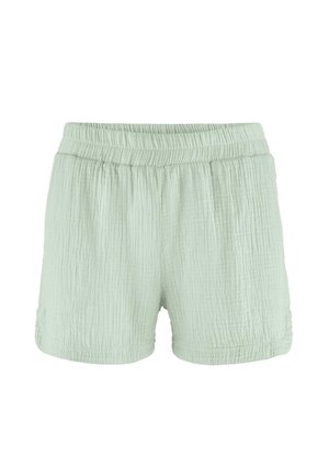 Hellgrüne Shorts aus strukturiertem Stoff mit elastischem Bund, entworfen für den Freizeit- oder Loungewear-Einsatz.