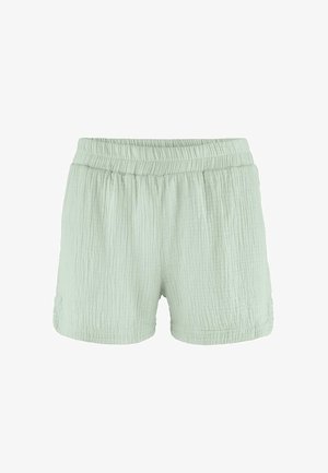 Hellgrüne Shorts aus strukturiertem Stoff mit elastischem Bund, entworfen für den Freizeit- oder Loungewear-Einsatz.
