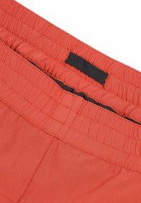 Oranje shorts met een elastische tailleband, voorzien van een zwart label aan de binnenkant. De stof lijkt glad zonder zichtbare patronen of accenten.