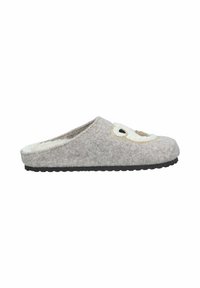 Gray felt slipper with white fur lining, featuring a cartoon face design. Black rubber sole with textured grip. Open back for easy wear.