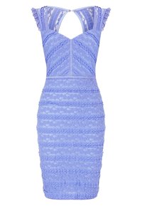 Robe en dentelle lavande longueur genoux avec manches courtes froncées, taille cintrée et motifs horizontaux texturés sur toute la surface.