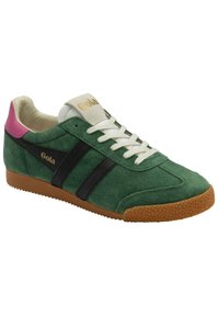 Green suede sneakers with black stripes and pink accents. Features a white lace-up closure and textured gum rubber sole. Gola branding visible.
