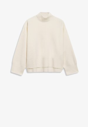 Cremfarbener Pullover mit geripptem Rollkragen, herabfallenden Schultern und leicht verkürztem Schnitt. Hergestellt aus einem weichen, strukturierten Stoff.