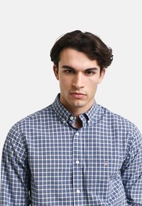 Camisa de botones en un patrón de cuadros azul y blanco, con un cuello clásico, mangas largas y un pequeño emblema en el bolsillo del pecho.