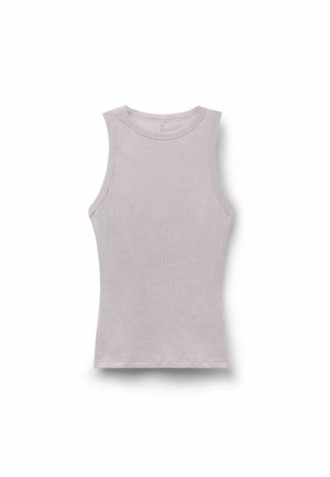 Mouwloze geribbelde gebreide tanktop in lichtlavendel met een ronde halslijn en een aansluitend silhouet.
