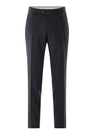 Schwarze maßgeschneiderte formelle Hose mit Gürtelschlaufen und vorderer Knopfverschluss, auf weißem Hintergrund dargestellt.