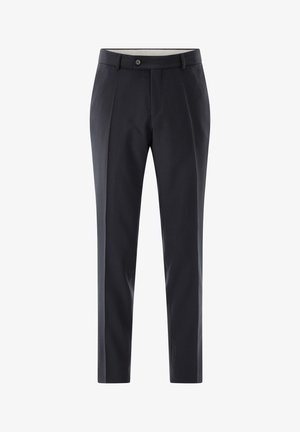 Schwarze maßgeschneiderte formelle Hose mit Gürtelschlaufen und vorderer Knopfverschluss, auf weißem Hintergrund dargestellt.