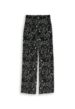 Schwarze Hose mit weitem Bein, weißem und grauem Blumenmuster, hoher Taille und fließendem Stoff.