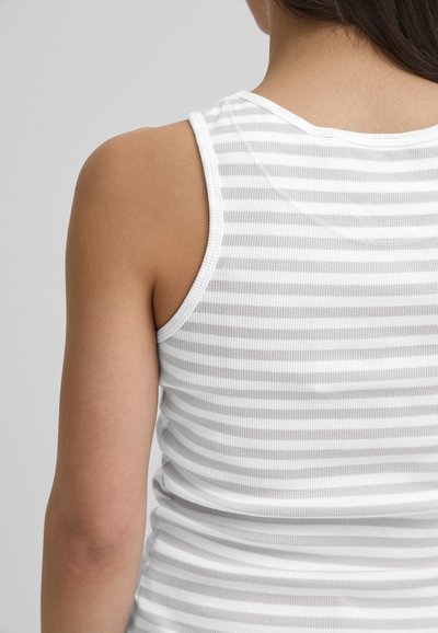 Biała koszulka na ramiączkach z cienkimi szarymi paskami, dopasowany fason, prążkowana faktura i szerokie wycięcia na ramionach, widok z tyłu.