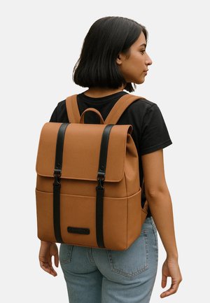 Brown backpack with a matte finish, rectangular shape, black accents, adjustable straps, and flap closure over the main compartment.