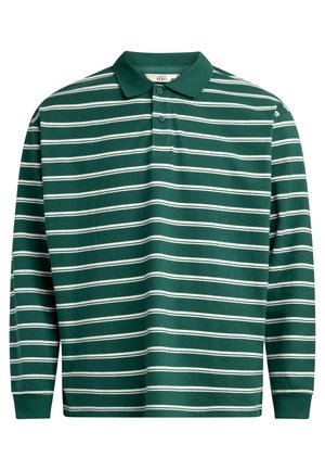 Long-sleeve polo shirt in dark green with white horizontal stripes. Features a classic collar, three-button placket, and ribbed cuffs.