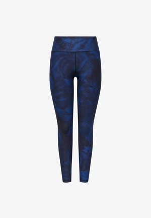 Aukštai juosmens leginsai tamsiai mėlyna ir mėlyna abstrakčia raštą su tekstūruotu, kvėpuojančiu audiniu ir be siūlių dizainu, tinkami aktyviam dėvėjimui.