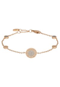Pulsera de oro rosa con un centro circular que incluye piedras engastadas, rodeado de pequeños acentos circulares a lo largo de una delicada cadena.