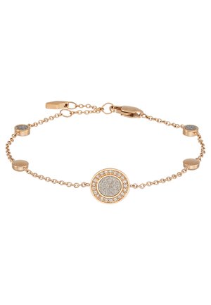 Ruusukulta koru, jossa on pyöreä keskipiste upotetuilla kivillä, ympärillä on pieniä pyöreitä yksityiskohtia herkällä ketjulla.