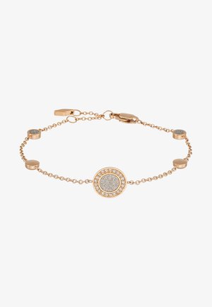 Ruusukulta koru, jossa on pyöreä keskipiste upotetuilla kivillä, ympärillä on pieniä pyöreitä yksityiskohtia herkällä ketjulla.